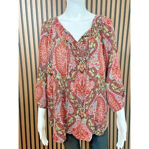 Lauren Ralph Lauren Women's Top Blouse Peasant Boho 2X Red Floral Paisley Print